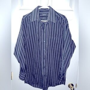 Claiborne, long sleeve button down, casual shirt, medium, black grey striped
